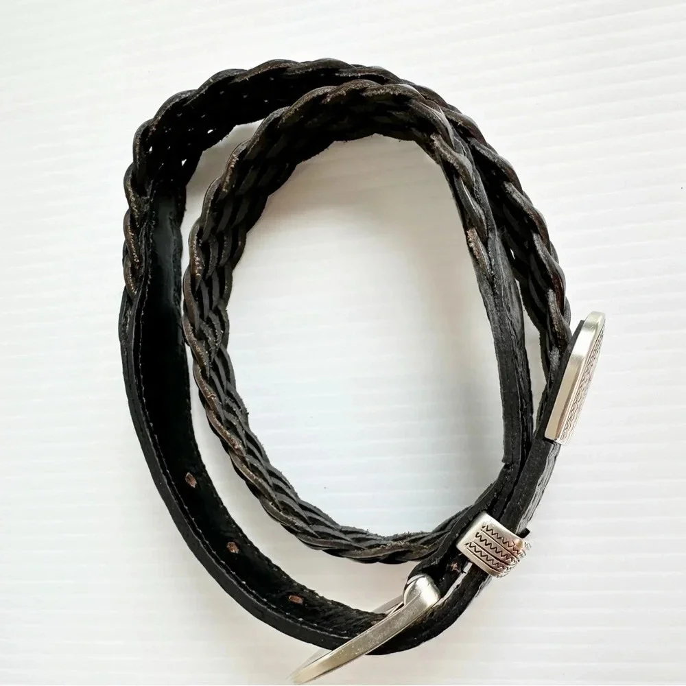 Vintage Crocodile, Woven Leather Belt Black Silver Decorative Buckle